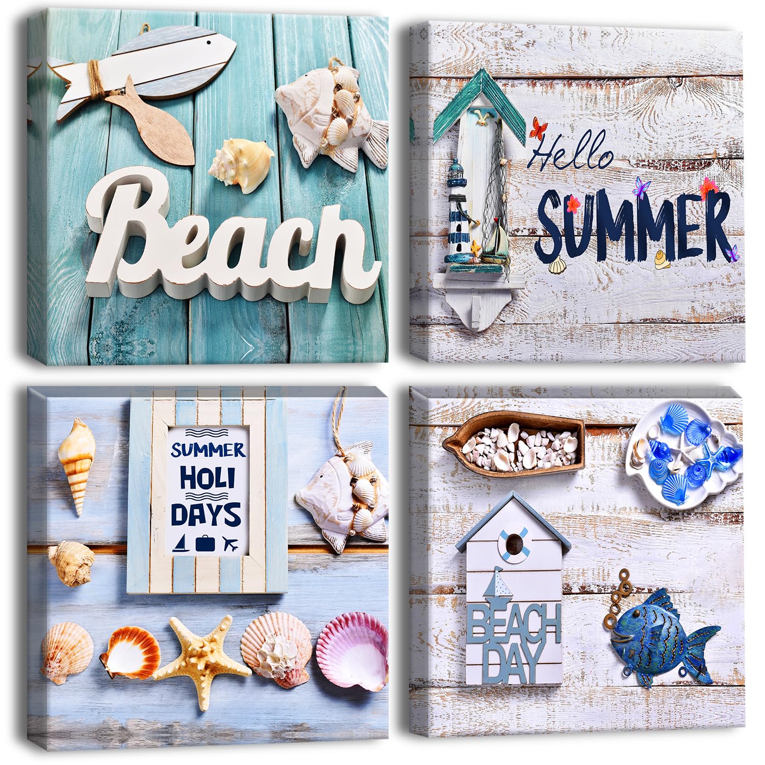 Artscope 4 Pieces Wall Art Canvas Prints - Beach Holiday Picture Painting- Modern Wall Artwork Framed for Bathroom Home Office Decor - 30 x 30 CM