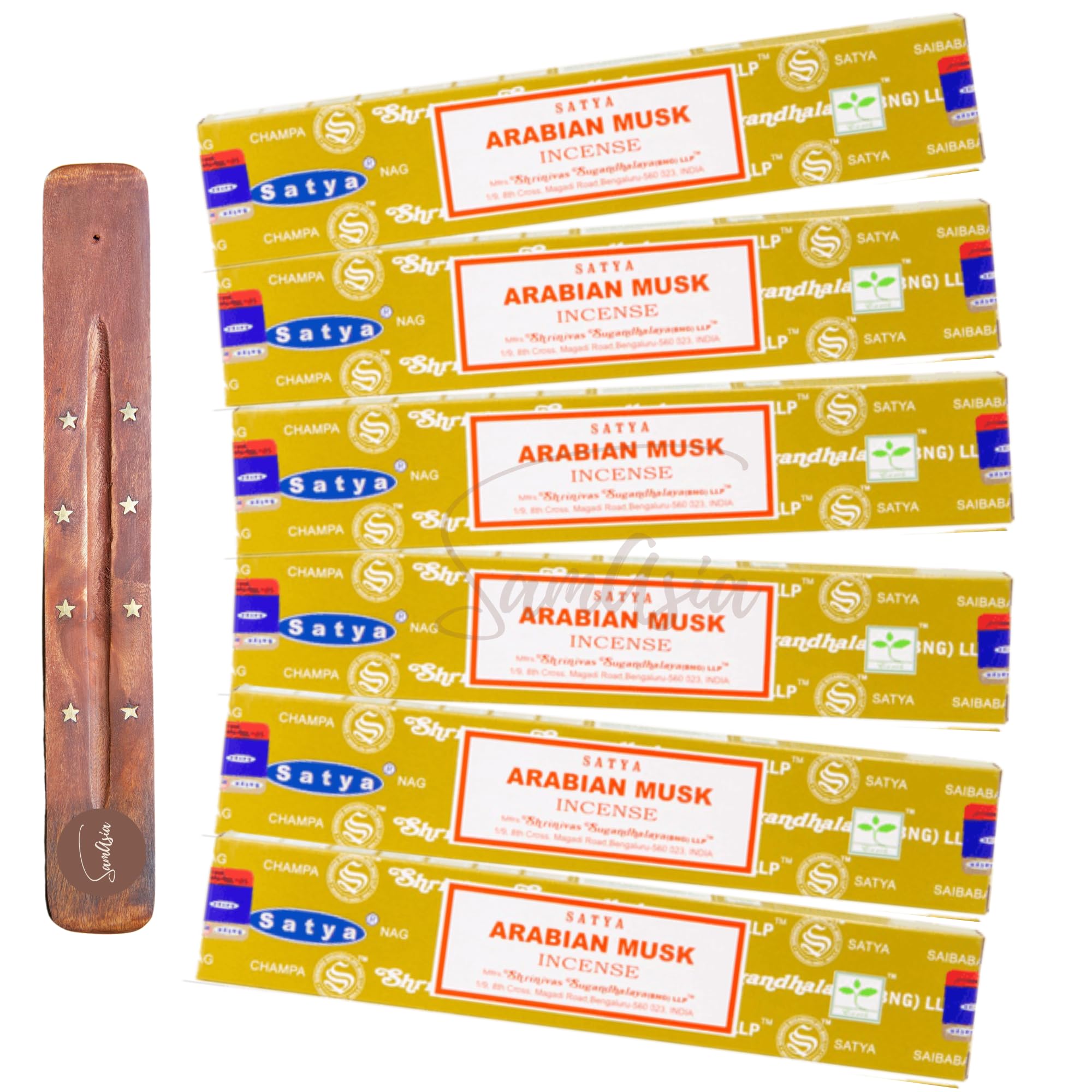 Satya Nag Champa Arabian Musk Incense Sticks | x6 pack | with SAMASIA incense sticks holder | Used for Aromatherapy, Spa, Yoga, Weddings, Meditation, Healing, Positivity and Relaxation