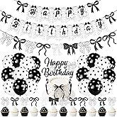 Bow Happy Birthday Banner Decorations,Cute Black and White Polka Dot Theme Brithday Decorations Latex Balloons Bow Cake Topper for Baby Shower Wedding Bachelorette Party Decorations