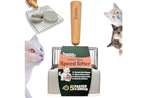 Sprinkle & Sweep Metal Cat Litter Scoop - Heavy Duty Litter Scooper & Speed Sifter with Comfortable Beech Wood Grip - Washable Convenient Stand for Easy and Efficient Cleaning