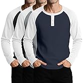 August Alley 3 Pack Men's Waffle Henley Shirts Raglan Long Sleeve T-Shirts Casual Crewneck Regular Fit Baseball Tee(Black/White, Grey/White, Navy Blue/White,X-Large)