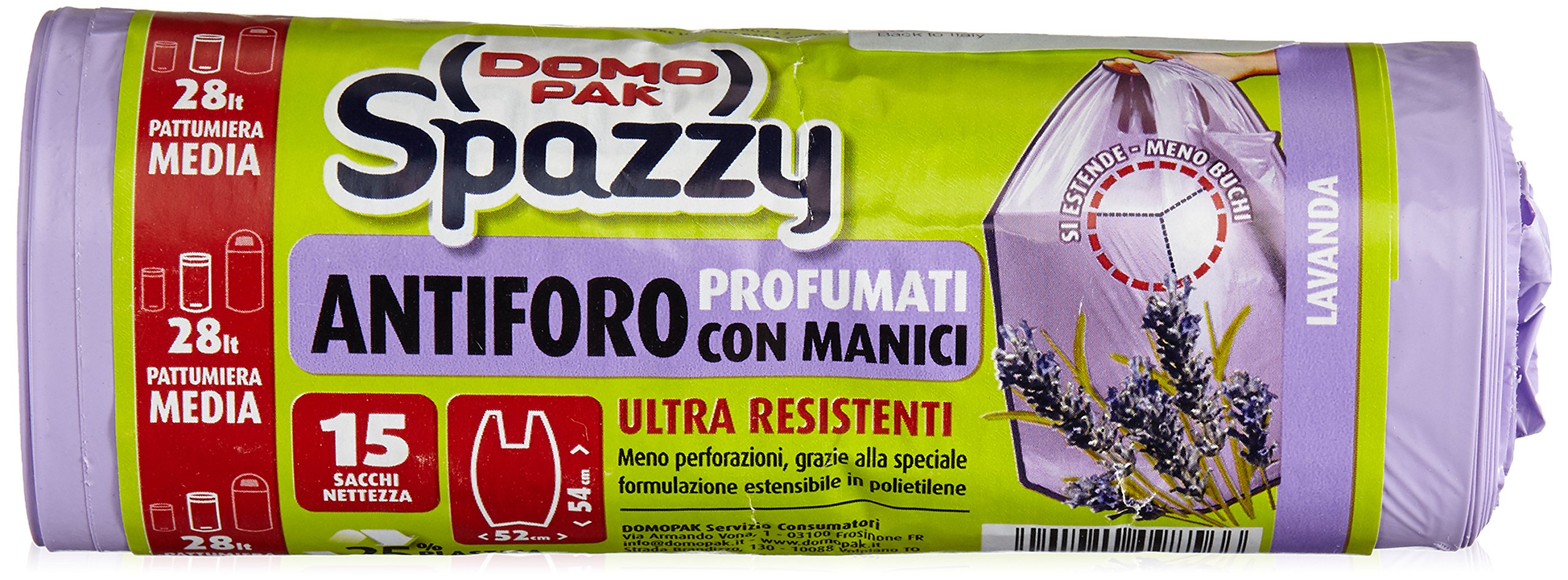 Domopak Spazzy – Rubbish Bags, Ultra Resistant, Medium Rubbish Bin, 28 litres, Puncture Resistant, Scented, with Handles – 15 Bags per Pack – [4 Packs]