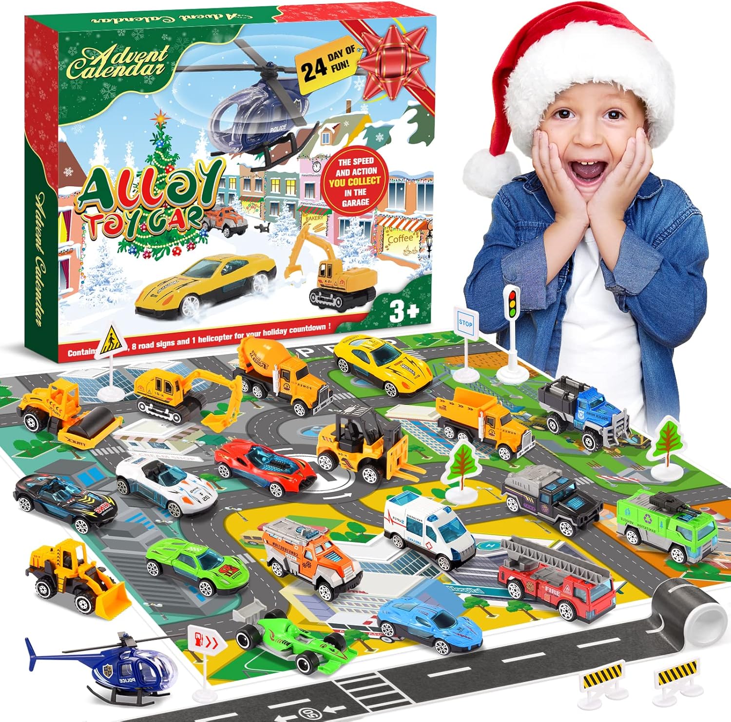 Advent Calendars - Christmas Advent Calendar 2022 for Kids: Alloy Vehicles and Helicopter Toy Sets Plus 2 Play Mats, Perfect Holiday Gift for Kids, Christmas Countdown Calendars for Boys|Girls|Toddler|Baby
