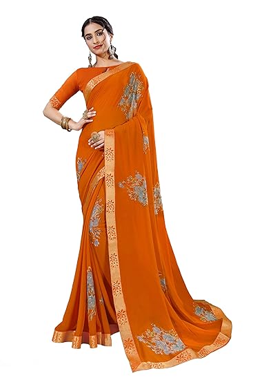 Womens Georgette Floral Printed Saree With Blouse(angelena-orange,Orange)