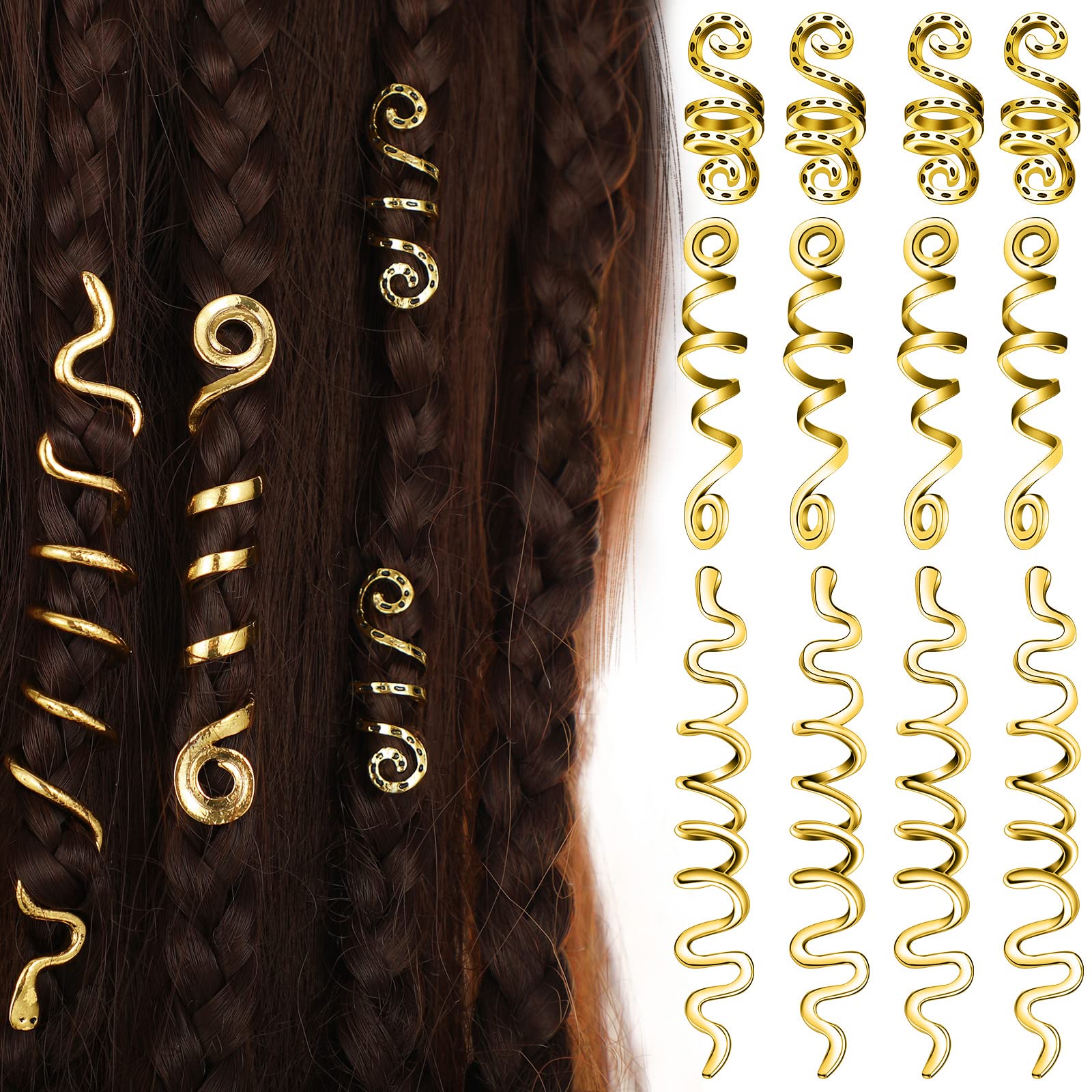 Photo 1 of 12 Pcs Celtic Hair Jewelry - Alloy Dreadlock Accessories, Loc Coil Jewels, Hair Cuffs, Snake Clips for Women and Girls (Gold, Vintage Style)