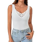 Vrtige Women's Sexy Lace Deep V Neck Sleeveless Blouse Ribbed Knit Slim Fitted Tank Top