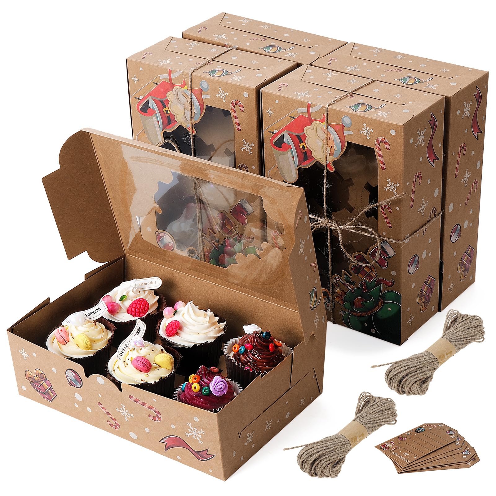 Fippy 20PCS Christmas Cupcake Boxes 6 Hole, Christmas Cake Boxes Gift Boxes Cookies Boxes with Window, Christmas Boxes for Cupcake Cookies Sweet Present — image 1