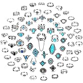 JOERICA 75 Pcs Vintage Turquoise Rings for Women Silver Knuckle Rings Bohemian Oval Gemstone Rings Western Rings Stackable Joint Finger Rings Midi Stacking Rings Set