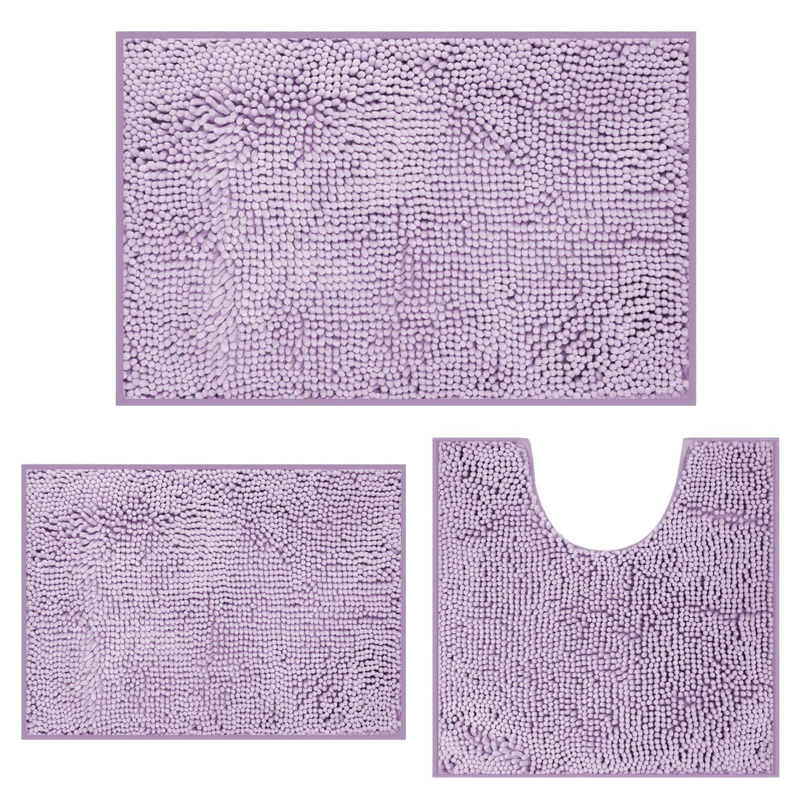 MEGAROOM Non Slip Chenille Bath Mat Set - Bathroom Mat Set with U-Shaped Toilet Mat - Soft and Anti Mould Bath Mat 3 Pieces for Safety and Comfort, Water Absorbent and Quick Drying（Light Purple）