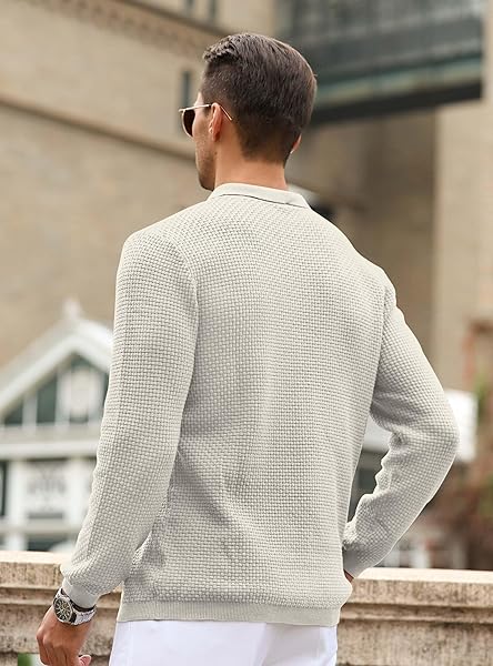 ZAITUN MENS SLIM FIT KNIT POLO SWEATER LONG SLEEVE | LIGHTWEIGHT TEXTURED PULLOVER (2XL/3XL SIZE UP RECOMMENDED) KHAKI