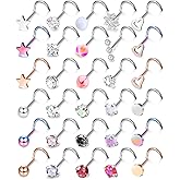 MILACOLATO 30Pcs Nose Rings Studs for Women Men 316L Stainless Steel Nose Piercings Jewelry 18G 20G Straight L Shaped Corkscrew Nose Rings Cubic Zirconia Created-Opal Nose Studs Hypoallergenic