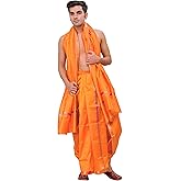 Exotic India Dhoti and Angavastram Set with Golden Woven Paisley on Border