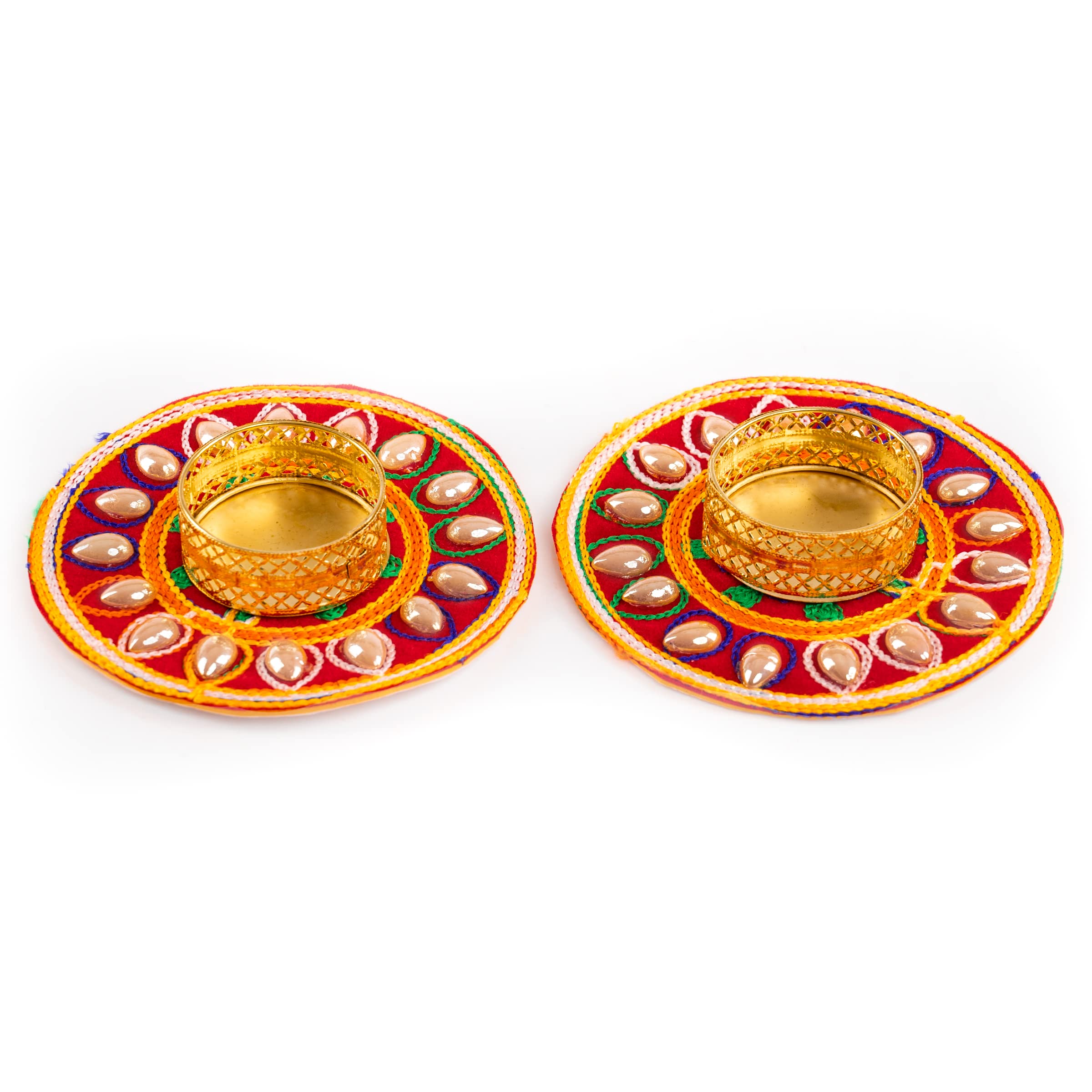 Handcrafted T Light Holder Lucky Charm Tealight Candle Stand T-Light Holder Decorative Lighting for Festival Décor Decoration and Gifting (Muticolor Embroidered Circle Size-4")