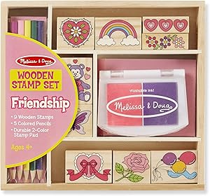 Melissa & Doug Wooden Stamp Set: Friendship (9 Stamps, 5 Colored Pencils, and 2-Color Stamp Pad)