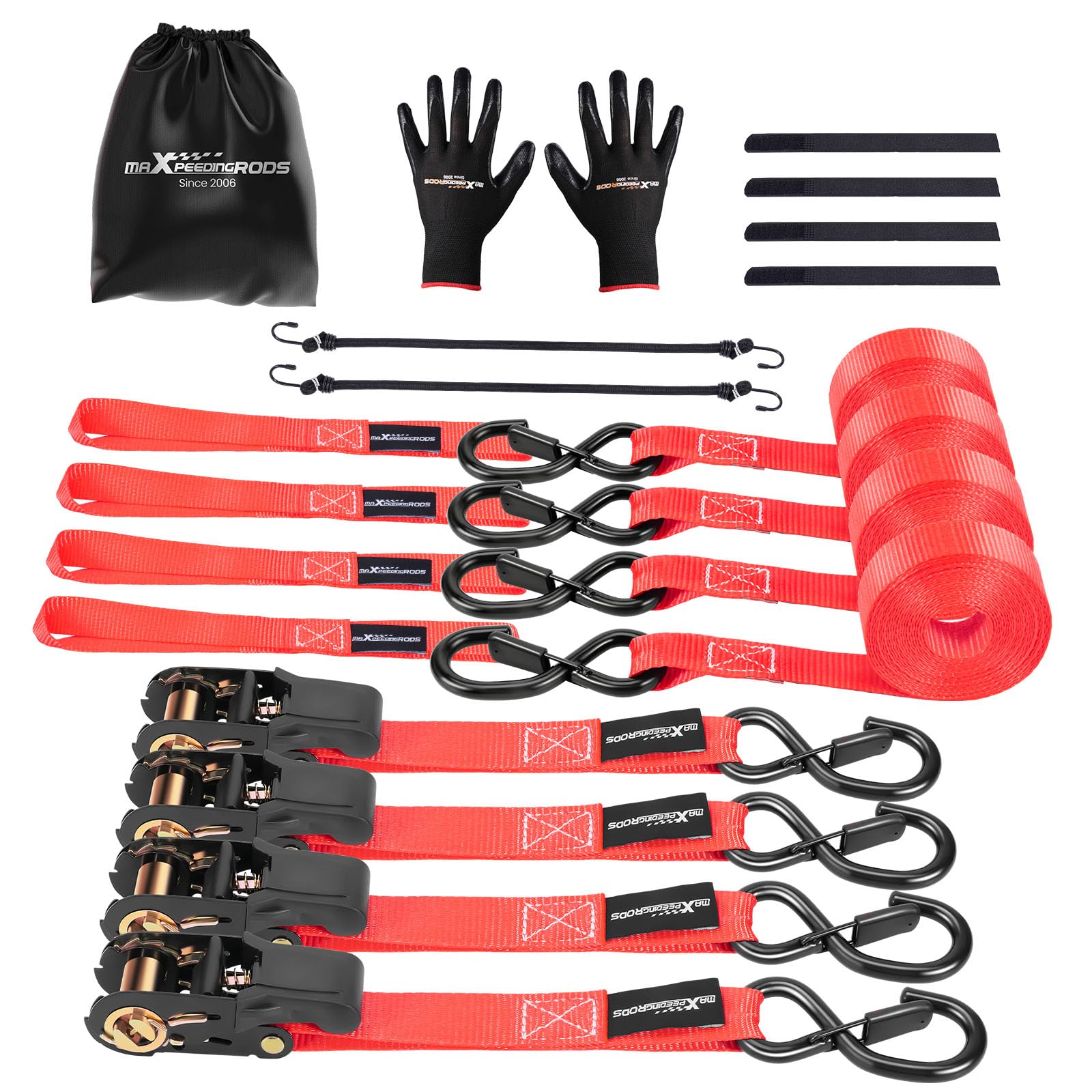 maXpeedingrods 4x 997kg Tie Down Straps 15ft (4.5m), Ratchet Straps 2200lb, Lashing Straps 25mm, Straps with safety clip S-hooks, motorcycle tie down straps, EN 12195-2 - Red