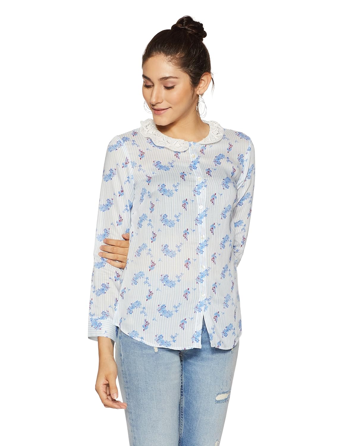 stylevile women's printed shirt with lace collar