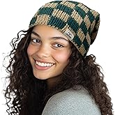 CLAPE Womens Cute Slouchy Beanies Hats, Winter Warm Chunky Checkered Beanie Large Cuff Knitted Hat Ski Cap for Cold Weather