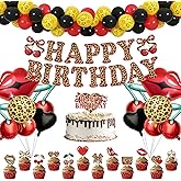 94PCS Red Cheetah Print Birthday Party Decorations Balloons Kit, Black Red Cherry Leopard Print Foil Balloons with Happy Birthday Banner and Cake Topper for Girls and Women