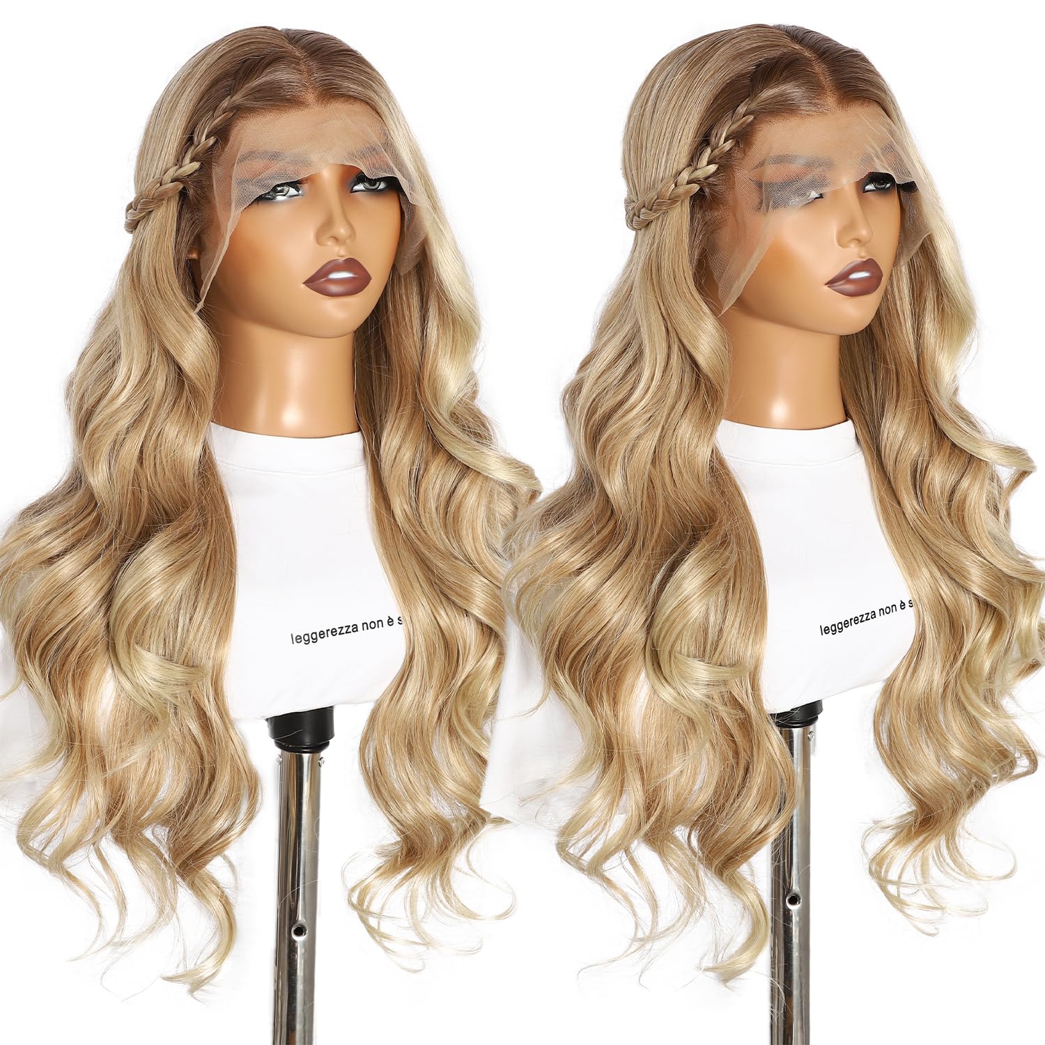 SOMIARIK Blonde Lace Front Synthetic Wigs 13x4 Blonde Highlight Brown with Dark Roots Lace Front Long Wavy Wigs for Women Pre Plucked with Natural Hairline Heat Resistant Hair for Daily Party 26 Inch