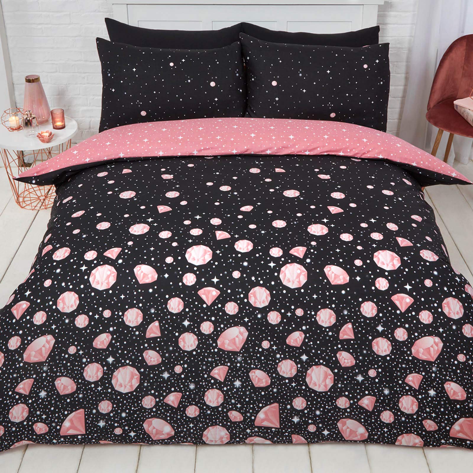 Dreamscene Glam Glitz Diamond Duvet Cover and Pillowcase Sparkle Reversible Bedding Set, Black Blush Rose Gold - King