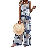 Ekouaer Women's Casual Overalls Loose Wide Leg Jumpsuits Summer Boho Floral Printed Baggy Rompers with Pockets