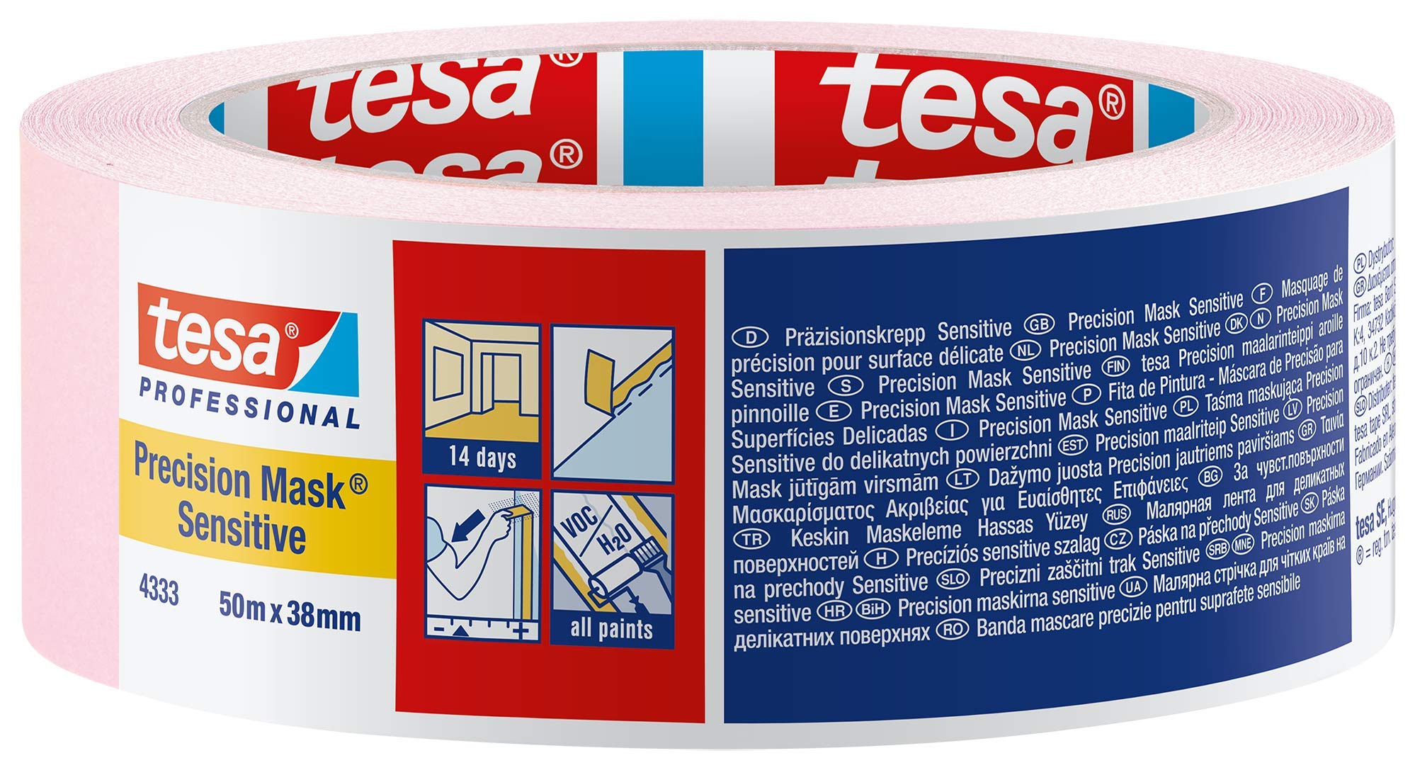 tesa UK 4333-00021-02 Precision Sensitive,Razor Sharp Edge and Low Tack Masking Tape for Indoor Painting and Decorating, Residue Free Removal, 50 m x 50 mm, 50mm, Clear