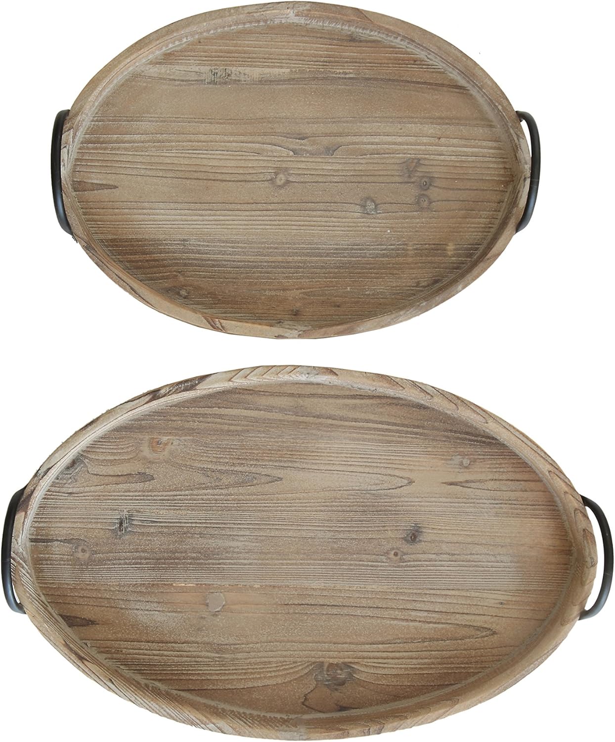 Creative Co-op Round Decorative Wood Trays with Metal Handles (Set of 2 Sizes)