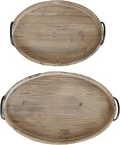 Creative Co-op Round Decorative Wood Trays with Metal Handles (Set of 2 Sizes)