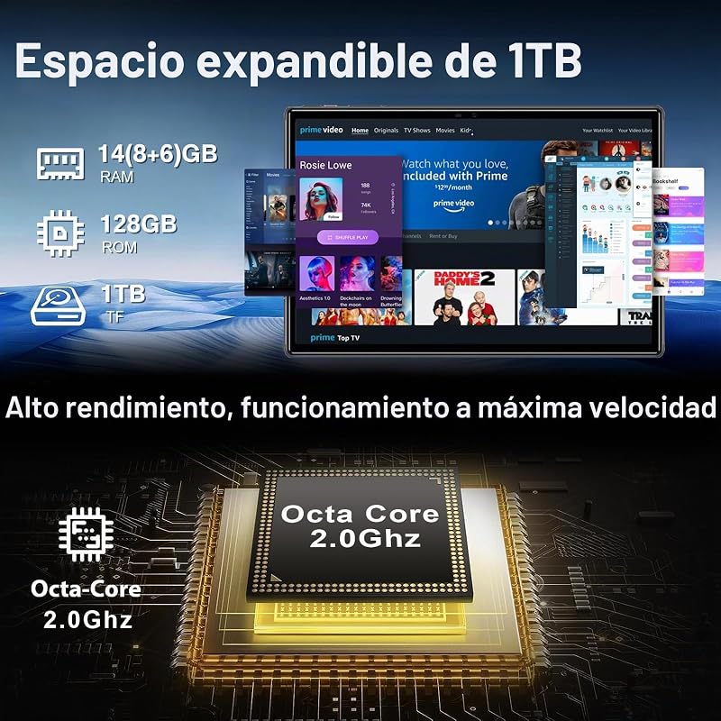 Tablet 10 Pulgadas Tablets Android, 14GB RAM+128GB ROM/TF 1TB, Octa-Core 2.0Ghz, 5G WiFi, BT 5.0, 3.5mm Audio, Batería 8000mAh, Cámara 5+8 MP, Widevine L1, Tablet con Funda, Ratón & Teclado - Gris