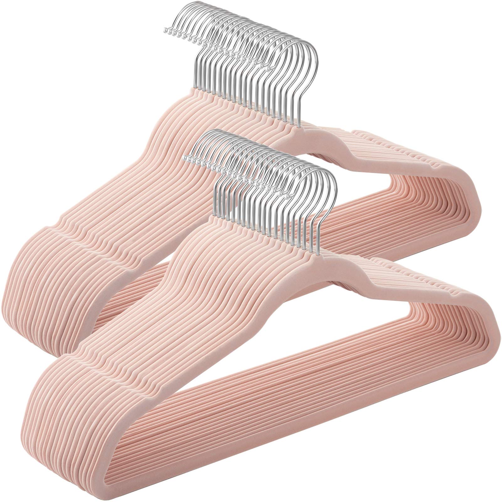 SONGMICS Set of 50 Velvet Hangers, 41.5 cm Wide, Space-Saving, High Load Capacity, with 360° Swivel Hooks, for Coats Shirts Suits, Pink and Silver CRF026P03