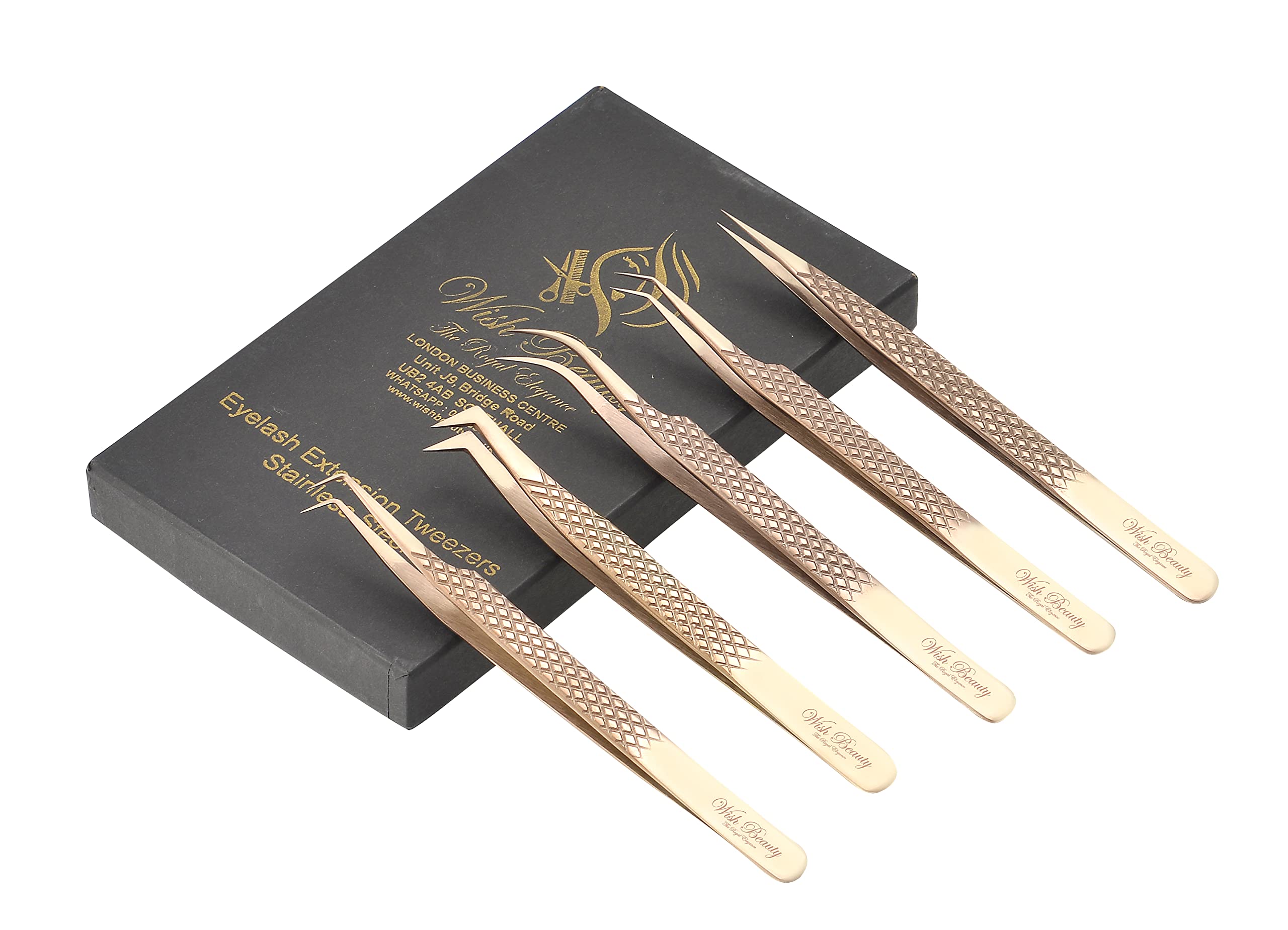 Wishbeauty Eyelash Extension Tweezers Set 5 PCS for Volume Lash Extensions Stainless Steel Eyelash Tweezers for Extensions- (Honey Gold)