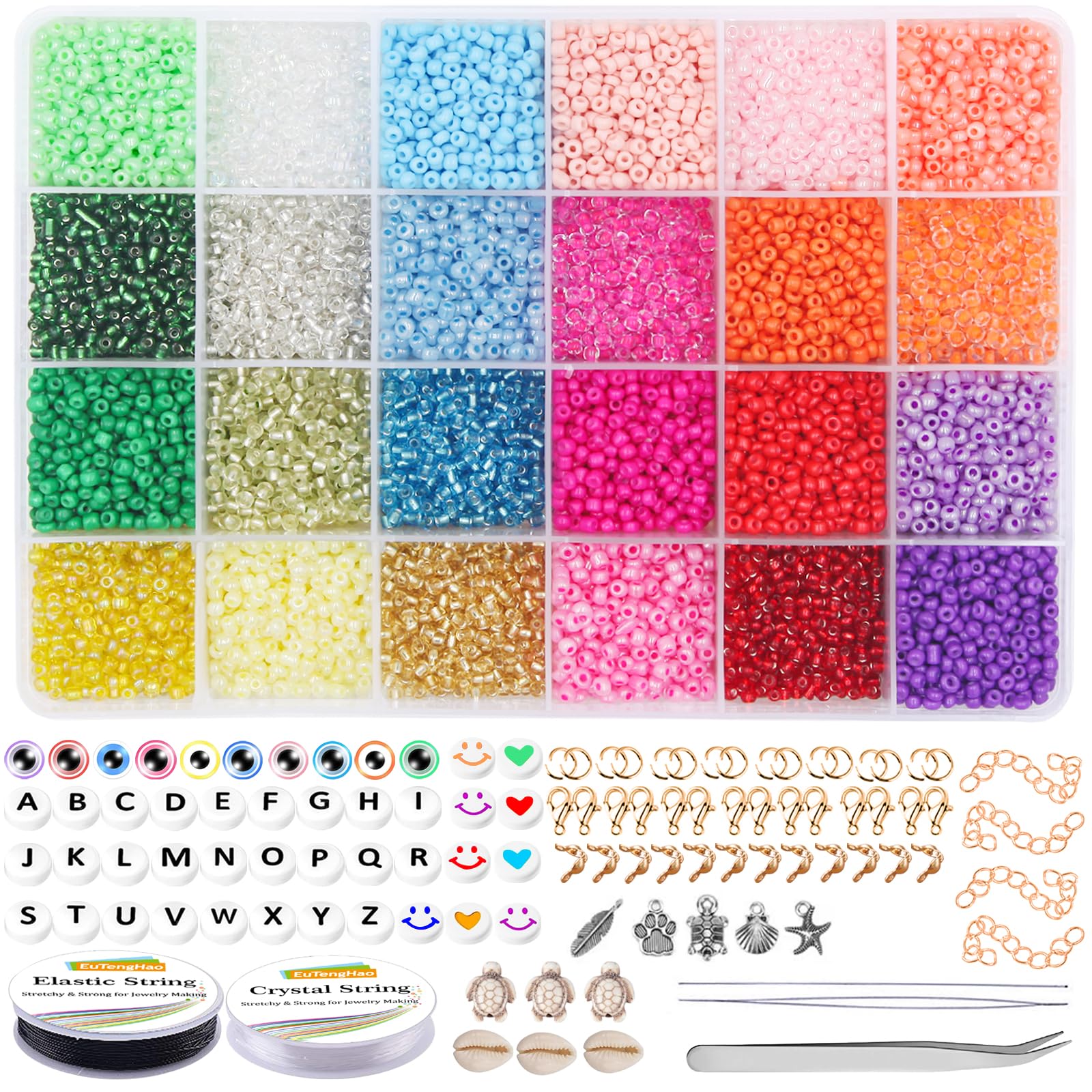 EuTengHao 13200Pcs Glass Seed Beads Small Craft Beads Small Beads for DIY Bracelet Necklaces Crafting Jewelry Making Supplies with Jewelry Findings (3mm, 550 Per Color, 24 Colors)
