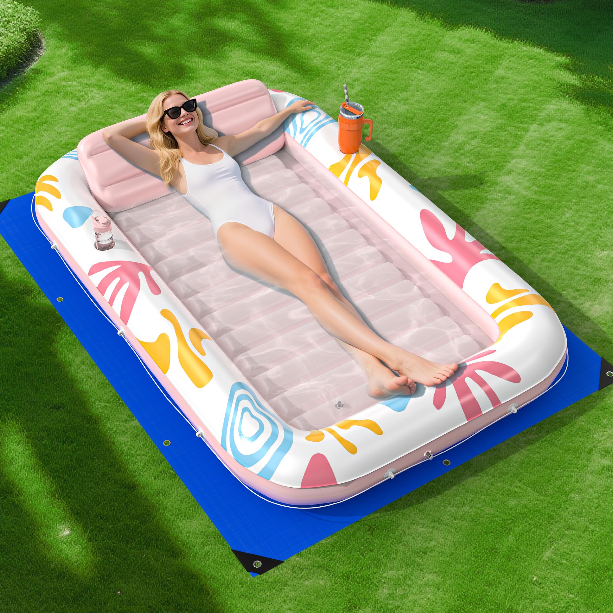 Photo 1 of Inflatable Tanning Pool Lounger Float with Protection Tarp,70" x 46" Pool Floats Adult w/Pillow,6 in 1 Suntan Tub Floatie,Sunbathing Water Bed Lounge Blow Up Kids Ball Pit Party Gifts-Pink Champagne