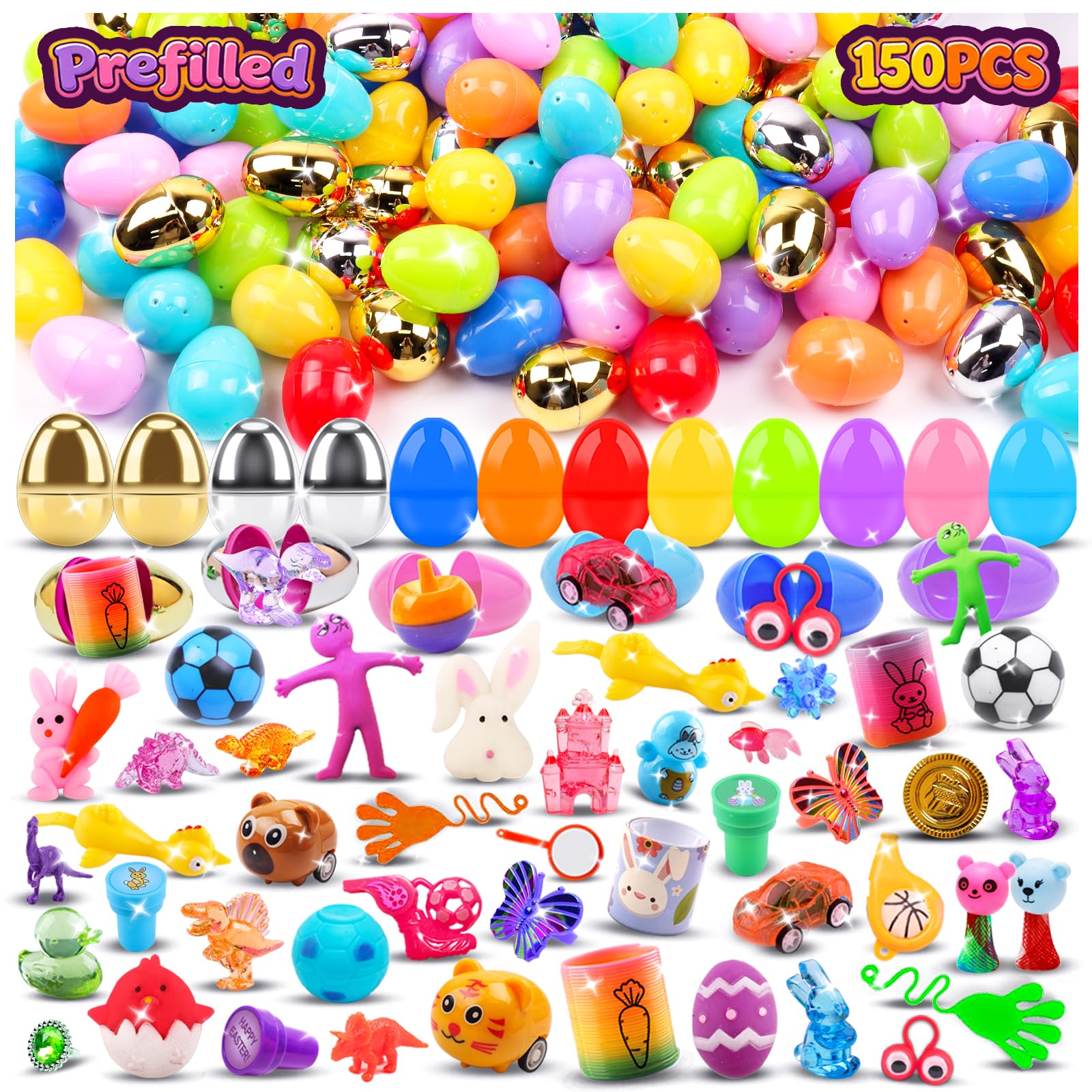 150 PCS Prefilled Easter Eggs with Toys,Filled Easter Eggs with Toys Inside,Easter Basket Stuffers for Kids,Prefilled Eggs for Easter Egg Hunt,Easter Party Favors for Kids Classroom Prizes