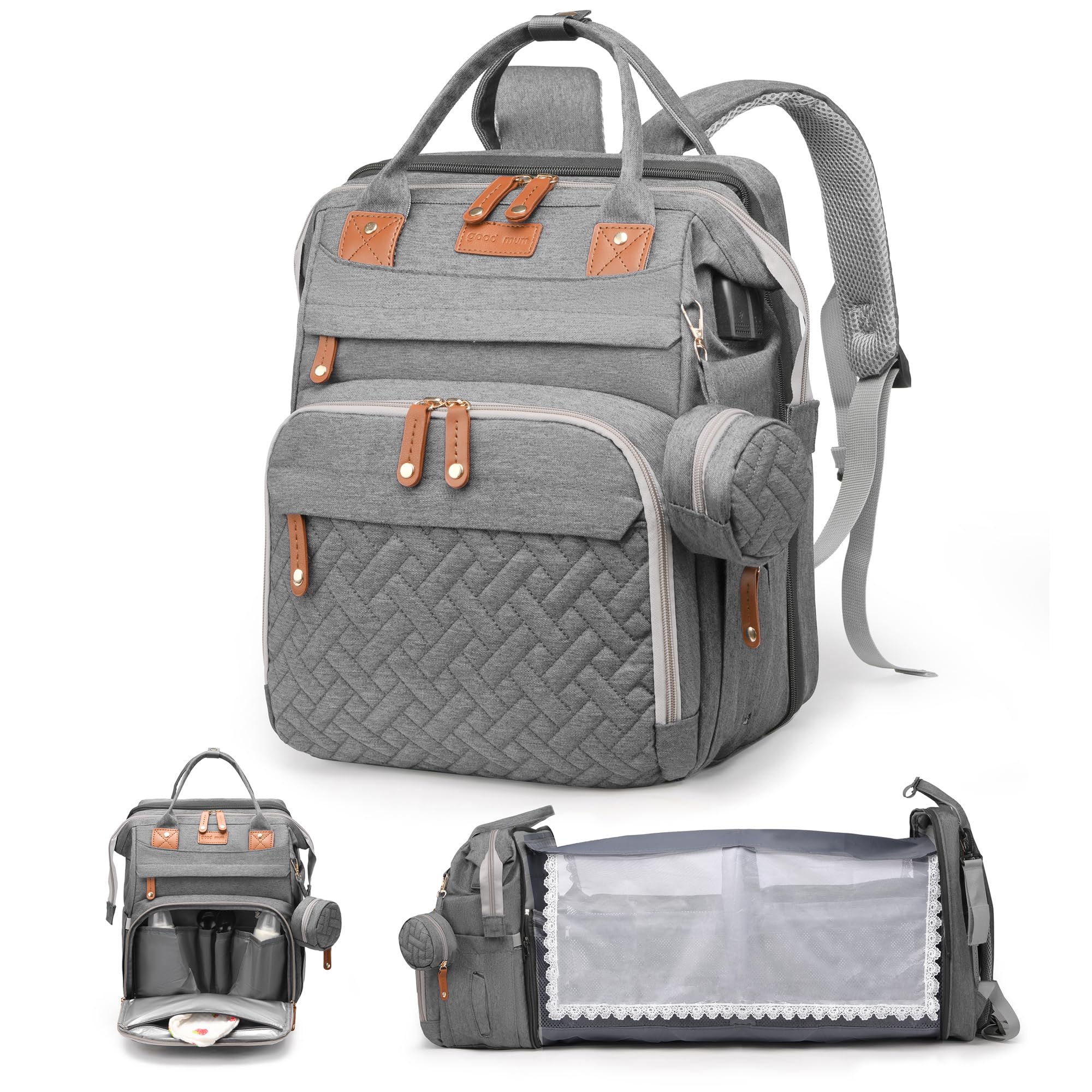Photo 1 of Diaper Bag Backpack with Changing Station, Multifunction Travel Baby Bag, Waterproof Baby Tote, Large Capacity Mommy Bag, Newborn Essentials Backpack Bag, Unisex, Gray