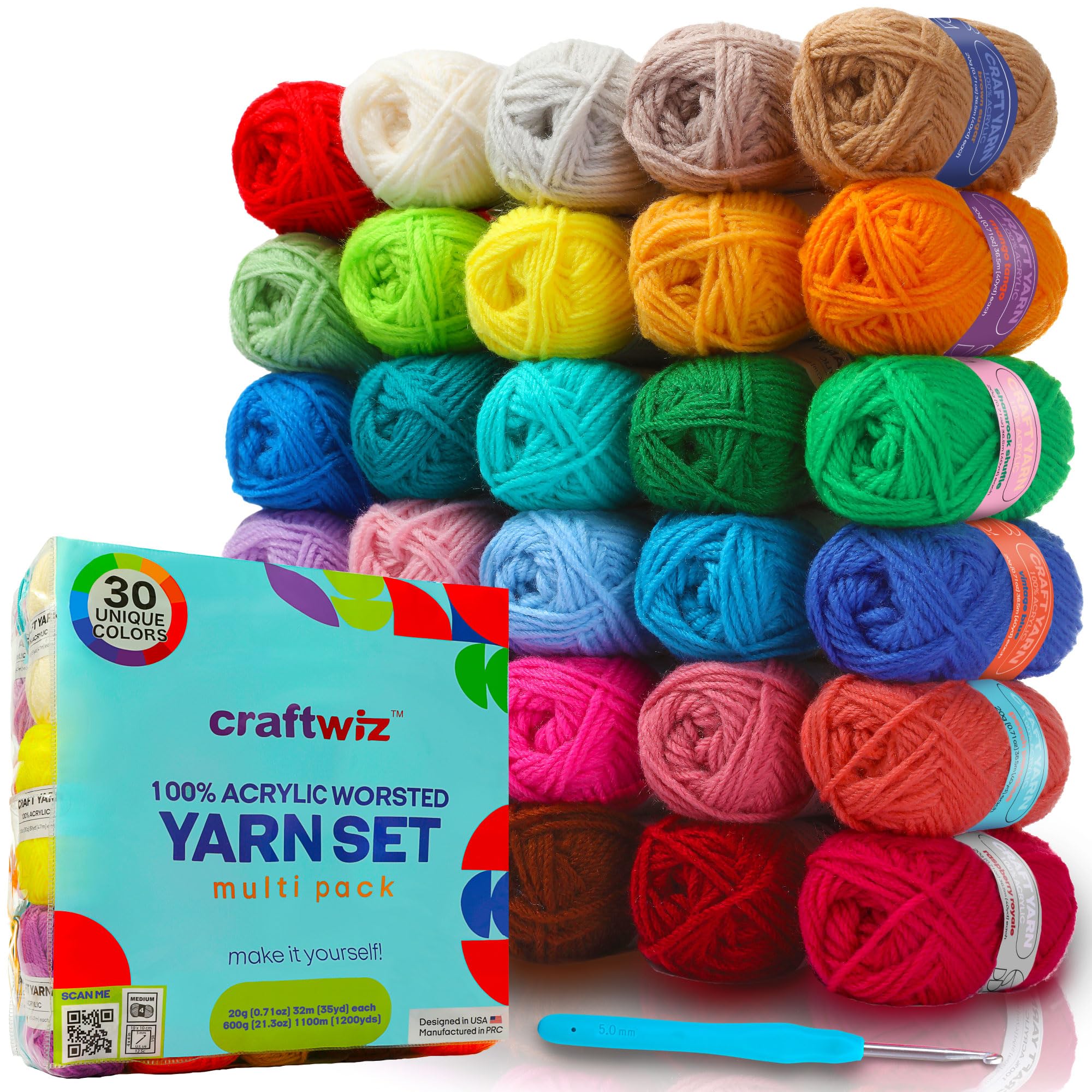 CRAFTWIZ 100% Acrylic Yarn for Crocheting and Knitting - 30x20g Skeins of #4 Worsted Weight, 1200 Yards of Soft Yarn, Perfect for Amigurumi and Other Small Crafts Projects