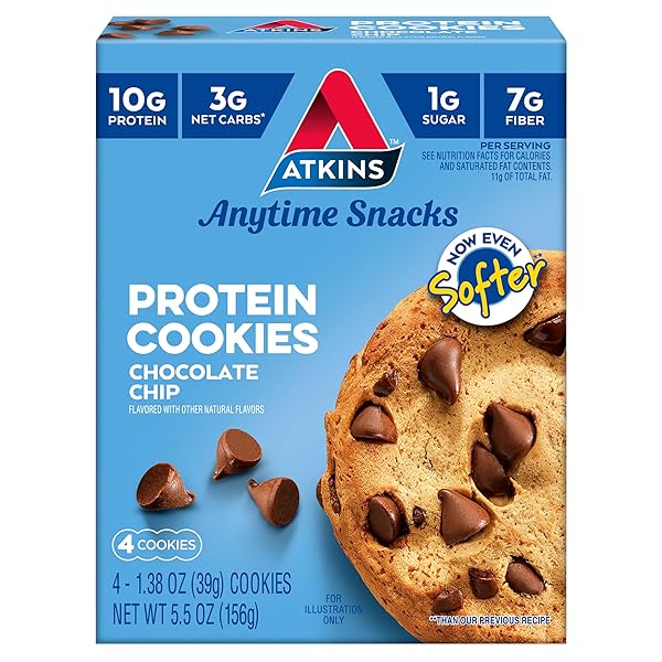 ATKINS CHOCOLATE CHIP PROTEIN COOKIE, PROTEIN DESSERT, RICH IN FIBER, 3G NET CARB, 1G SUGAR, KETO FRIENDLY, 4 COUNT
