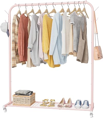 HOMIDEC Clothes Rail Portable Rack with Hooks and Metal Shelf Pink 40kg