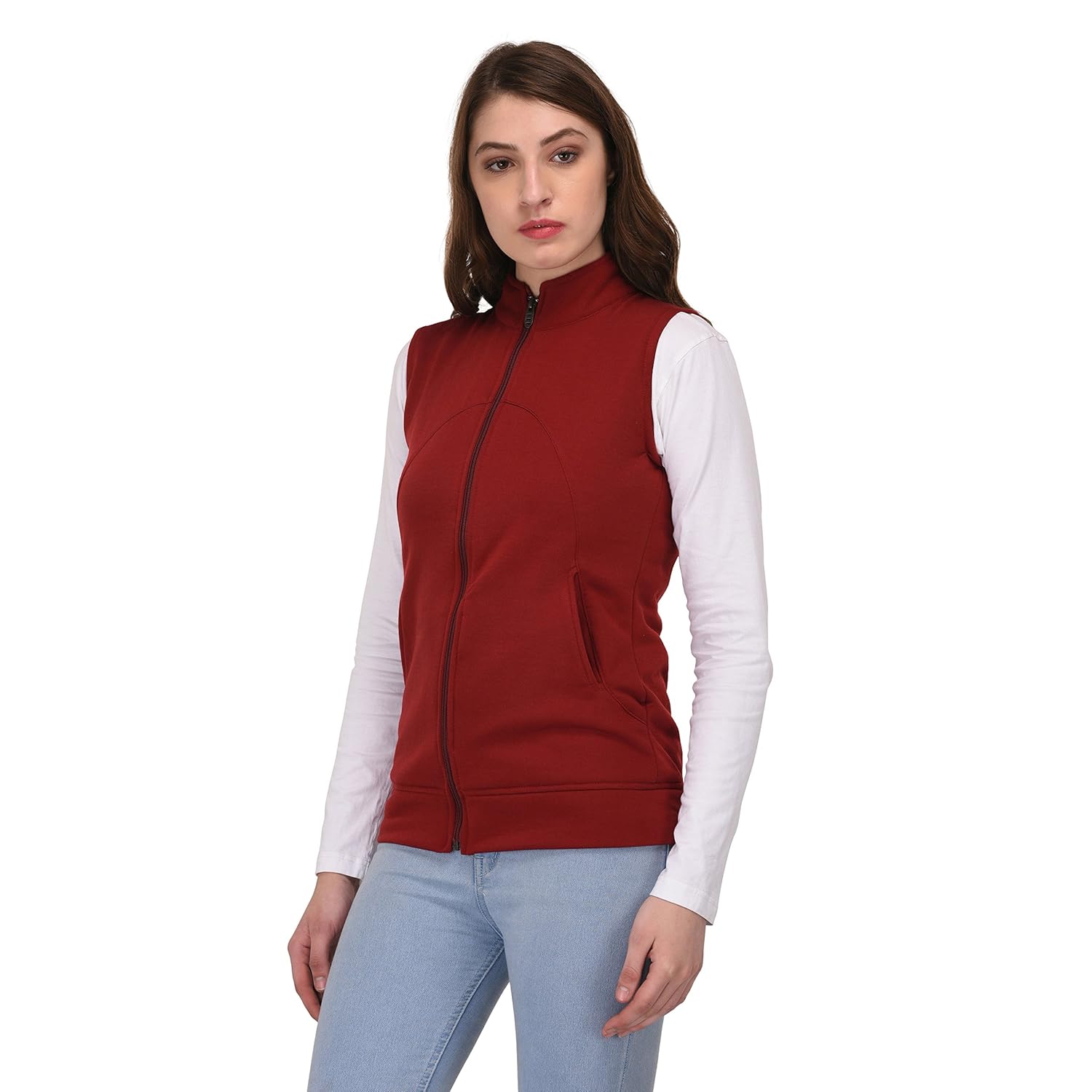 darzi women's sleeveless solid casual maroon jacket (darzi-185)
