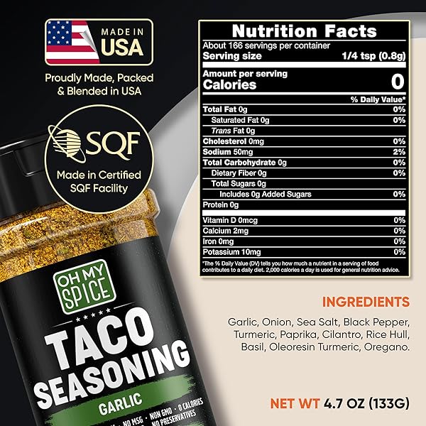 TACO SEASONING MIX GARLIC POWDER – GLUTEN FREE & LOW SODIUM MEXICAN SEASONING BLEND FOR TACO TUESDAY NIGHT. GARLIC AND HERB SEASONINGS FOR FAJITA & BURRITO. MEAT, CHICKEN & FISH TACOS TOPPINGS. 4.7OZ