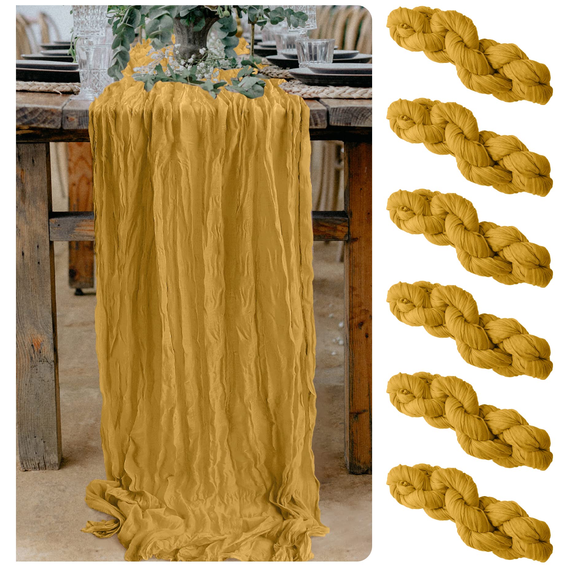 Photo 1 of 6 Pieces Cheesecloth Table Runners 10 Ft Gauze Table Cloth for Boho, Rustic Wedding Arch, Baby Shower Decorations Birthday Party (6, Mustard Yellow)