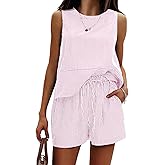EXLURA Womens 100% Cotton Summer 2 Piece Outfits Sleeveless Tank Tops Matching Shorts Sets Striped Cruise Beach Vacation 2026