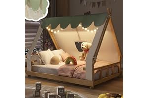 MoproBeti Montessori Floor Bed Full with Tent & Light, Wood Full House Beds for Kids, DIY Playhouse, Low-Profile Teepee Bed, Playful Indoor Adventure & Sleep for Girls Boys,Natural+White
