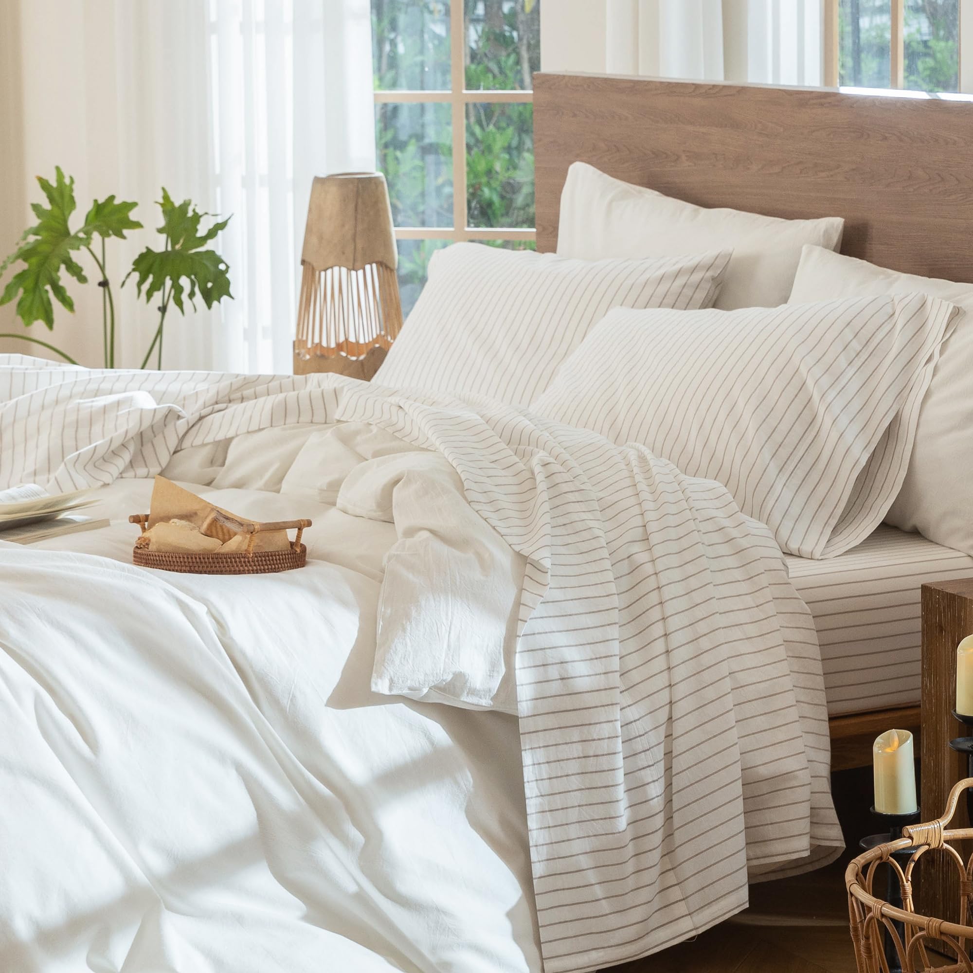 Photo 1 of MooMee Striped Sheet Set 100% Washed Cotton Linen Like Textured Breathable Durable Soft Comfy (White Tannish Linen Grey Wide Stripes, Queen)