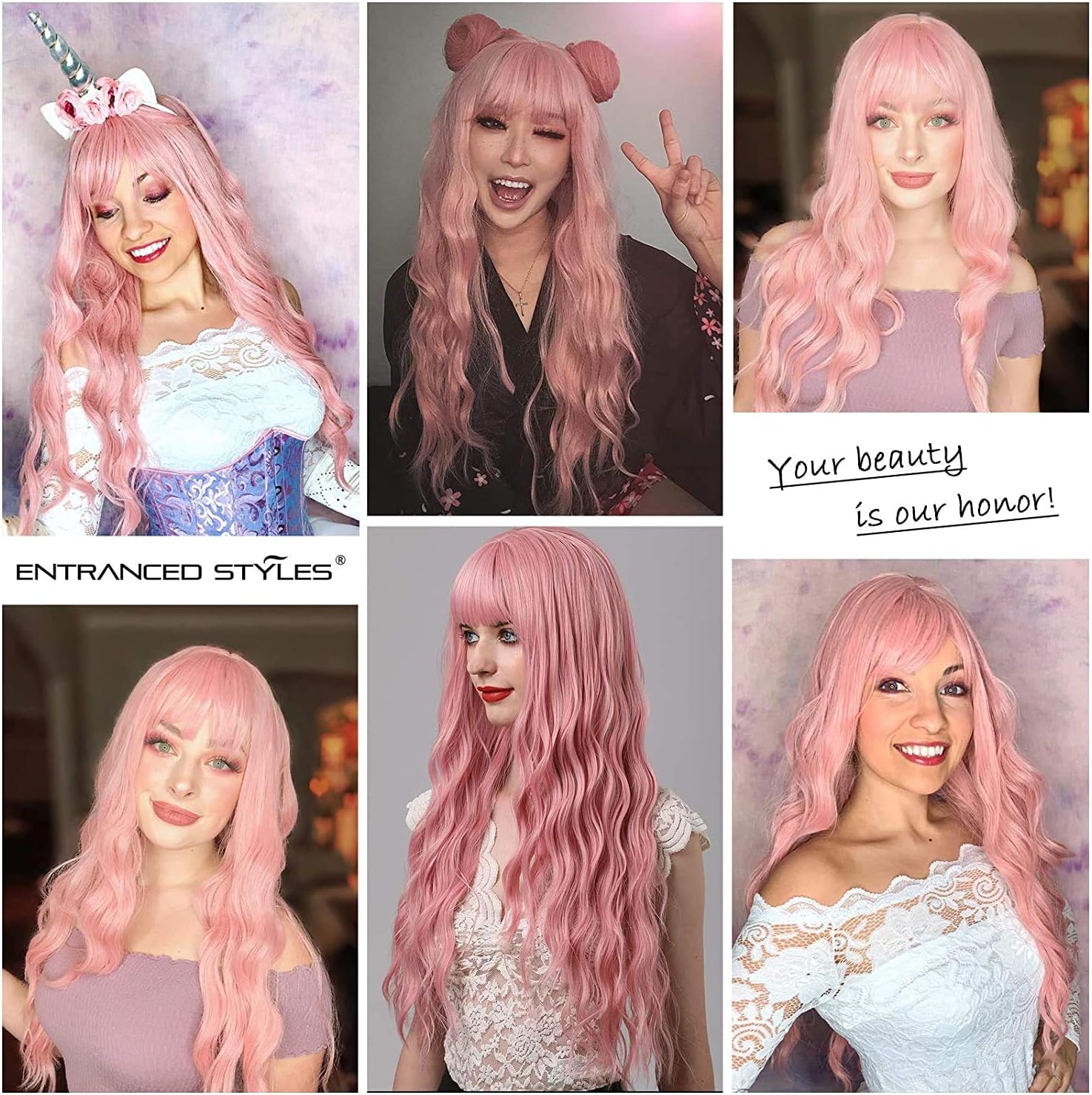 YEESHEDO 28 Inch Long Hair Pink Wigs for Women Natural Curly Wavy Synthetic Wigs with Fringe for Party Cosplay or Daily Wear - Image 3