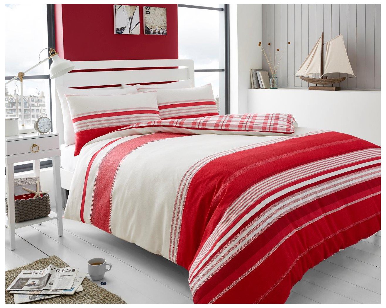 Gaveno Cavailia Flannel Set with Duvet Cover and Pillow Cases Herringbone Stripes, Cotton, Red, Double