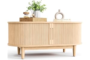 LINSY HOME Oval Coffee Table, Wood Coffee Table with Storage, Fluted Accent Center Table with Sliding Tambour Door, 39" Boho Coffee Tables for Living Room, Bedroom, Apartment, Oak