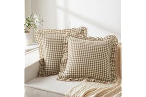 KKJIAF Ruffle Gingham Pillow Covers 26 x 26 Inches, Cotton Plaid Throw Pillow Shams Set of 2, Linen Feel Ruffled Plaid Pillow Cases with Envelope Closure for Sofa Bed (Taupe/White Plaid)