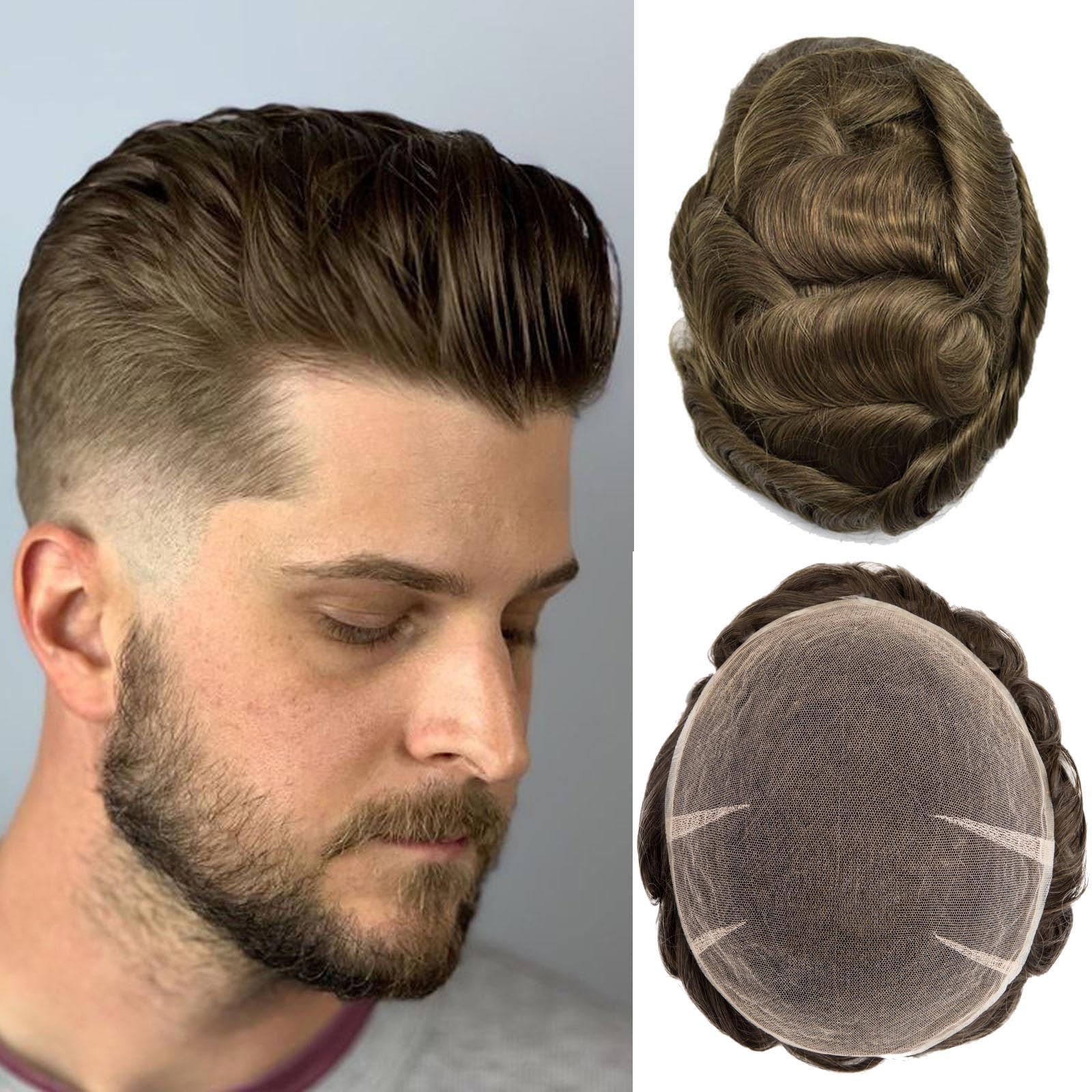 Ehairc Toupee For Men Full Swiss Lace Hair System For Men 100% Human Hair Breathable Men'S Toupee Hairline Bleach Knots Natural 90% Density Mens Lace Wig Base Size 8X10" (#6)