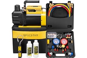 SPECSTAR 3/4 HP 7.2 CFM 2 Stage HVAC Vacuum Pump and 4 Way AC Manifold Gauge Set with Leak Detector 5ft Hoses & Accessories for R134a R12 R22 R502 R410a Auto Air Conditioning Refrigeration Recharging